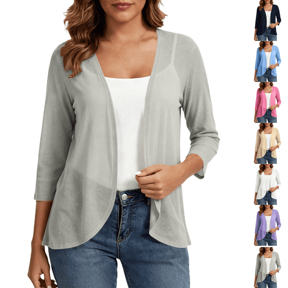 PEIBang Women's Basic Solid 3/4 Sleeve Open Front Shrug, Soft Lightweight Knit Cardigan for Office Daily Casual Wear