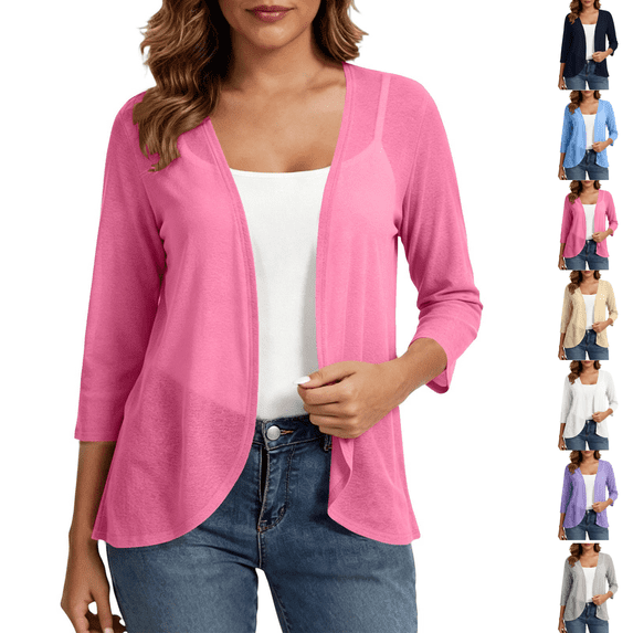 PEIBang Women's Basic Solid 3/4 Sleeve Open Front Shrug, Soft Lightweight Knit Cardigan for Office Daily Casual Wear