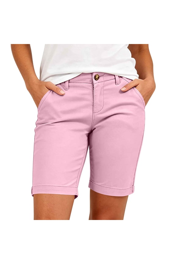 Women's Classic Chino Walking Shorts, Mid Rise Belt Loop Side Pocket Cuffed Knee Short Pants