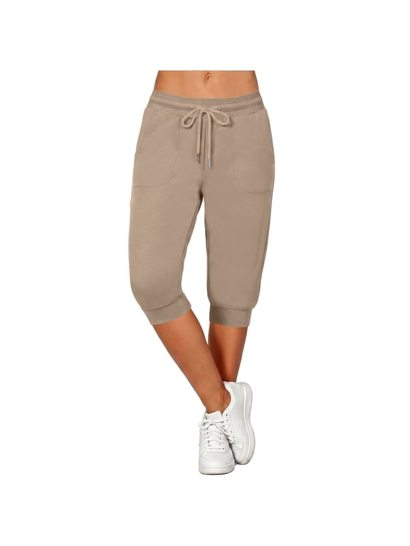 Women's Drawstring Elastic Waist Capri Jogger Pants,Cuffed Ankle Side Pocket Soft Athletic Lounge Trousers Beige S