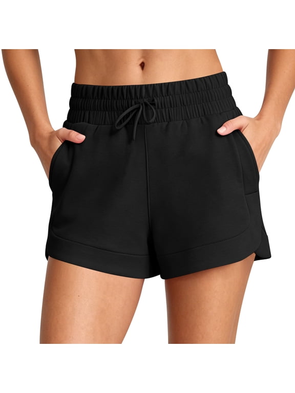 Women's Drawstring Smocked High Waist Sweat Shorts,Side Split Cuff Solid Black Casual Bottoms Black L