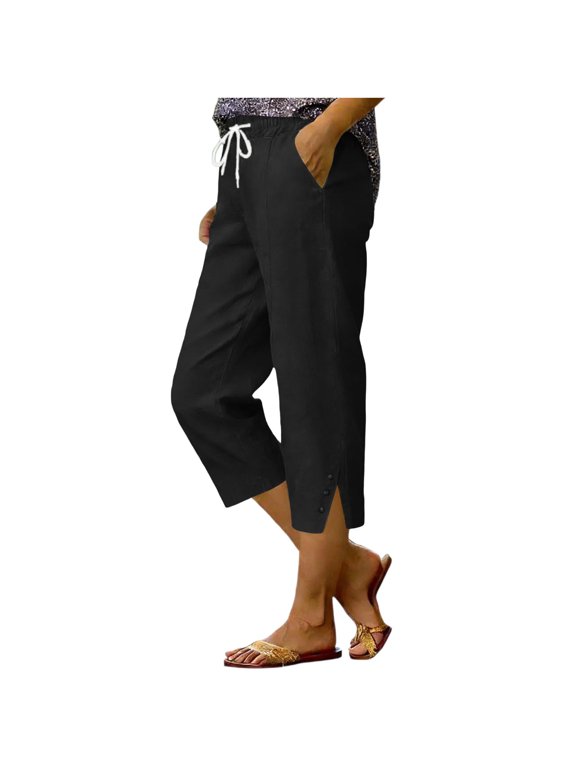 Women's Drawstring Waist Cropped Wide Leg Pants Side Split Hem with Button Detail Soft Fabric For Vacation Wear