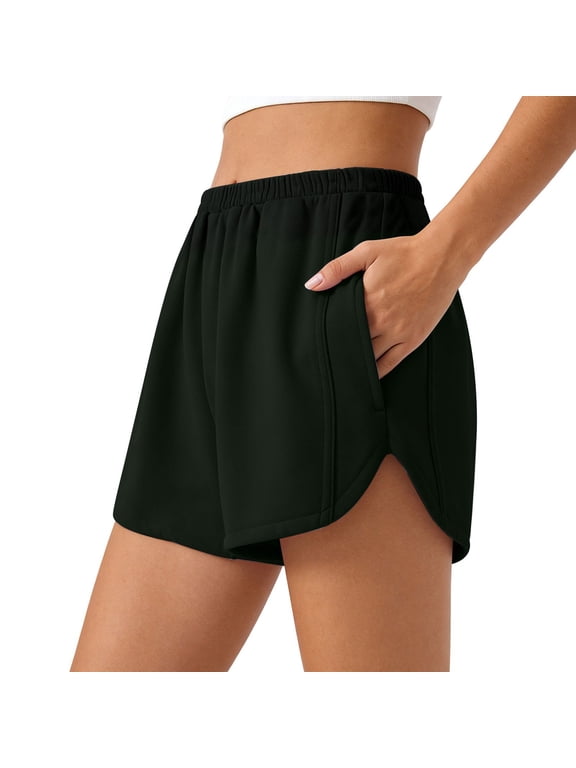 Women's Elastic Gathered Waist Athletic Shorts,Curved Side Split Hem Pocket Casual Bottoms for Workout Daily Wear