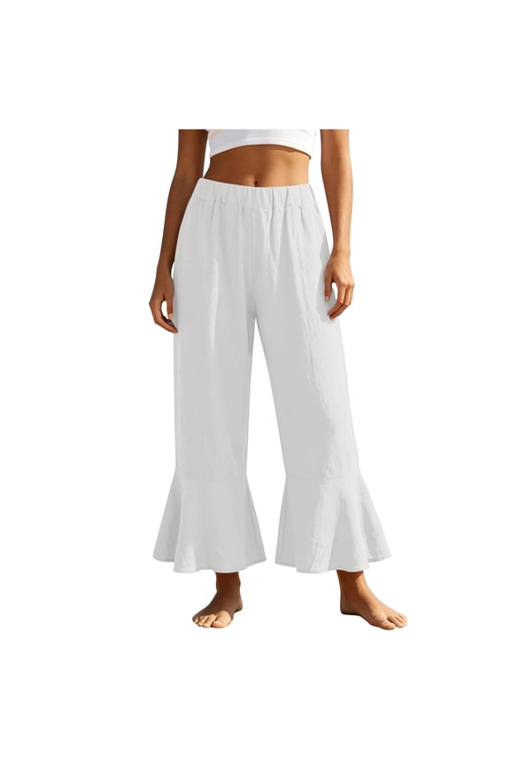 Women's Elastic High Waist Flared Bell Bottom Pants, Solid Color Loose Wide Leg Ruffle Hem Textured Trousers