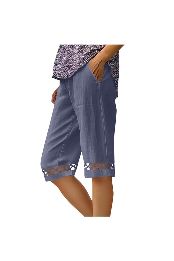 Women's Elastic Smocked Drawstring Waist Cutout Hem Bermuda Shorts,Oversized Loose Fit Knee Length Airy Fabric Shorts