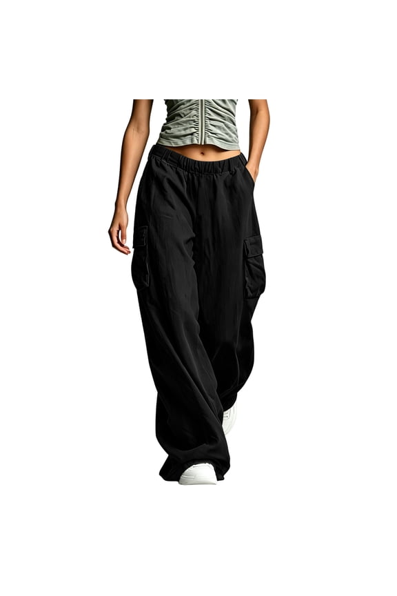 Women's Elastic Waist Oversized Wide Leg Cargo Pants,Big Flap Side Pocket Loose Baggy Trousers for Street Hip Hop Wear Black XXXL