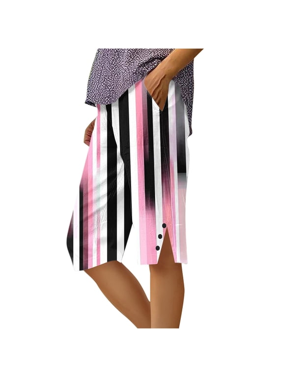 Women's Gradient Vertical Stripe Split Hem Button Bermuda Shorts,Elastic Waist Loose Knee Length Bottoms with Side Pockets