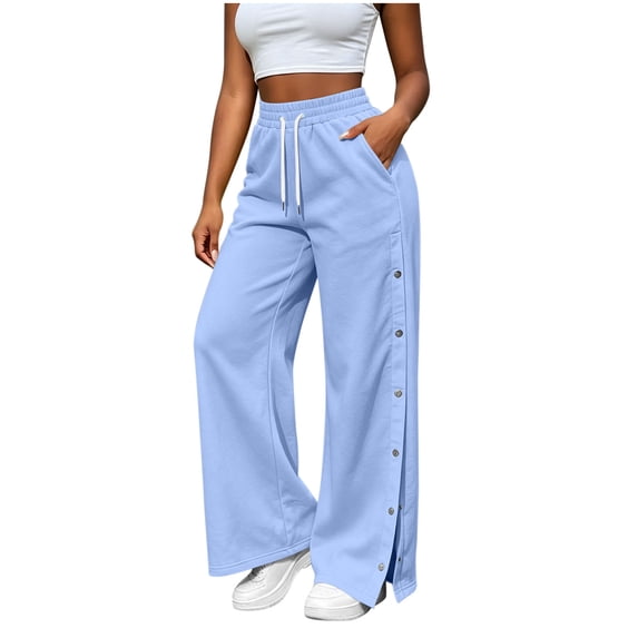 PEIBang Women's High Waist Drawstring Knit Pants,Side Snap Split Hem Wide Leg Sweatpants with Hand Pockets Sky Blue M