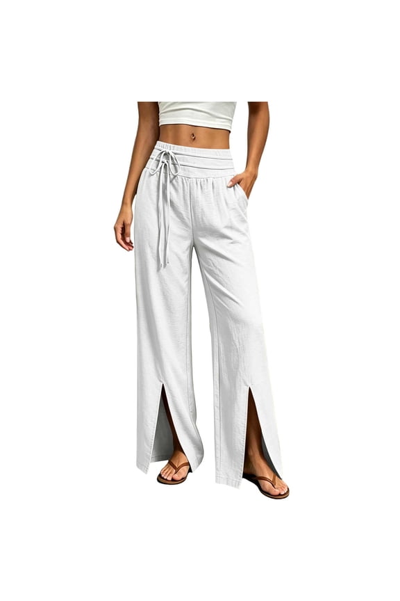 Women's High Waist Drawstring Split Hem Wide Leg Pants,Textured Loose Full Length Trousers with Side Pockets for Beach Daily Wear