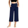 thumbnail image 1 of PEIBang Women's High Waist Pleated Capri Wide Leg Yoga Pants,Stretch Soft Pocket Cropped Culottes for Fitness Casual Daily Wear Navy L, 1 of 8