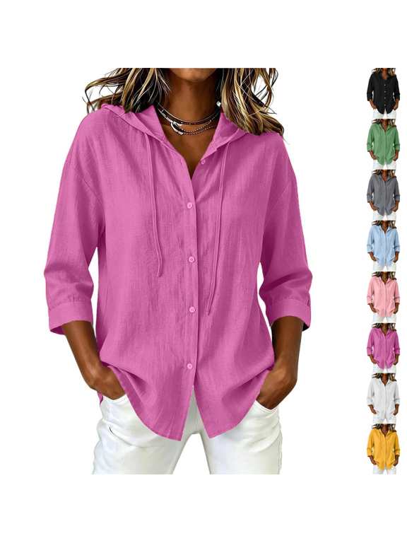Women's Hooded Linen Shirt Solid Color Full Button Front 3/4 Cuff Sleeve Blouse, Loose Oversized Top With Drawstring Hood