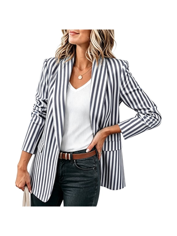 Women's Multi Color Vertical Stripe Lapel Open Front Loose Blazer Jacket,Long Sleeve Dual Pocket Casual Holiday Outerwear