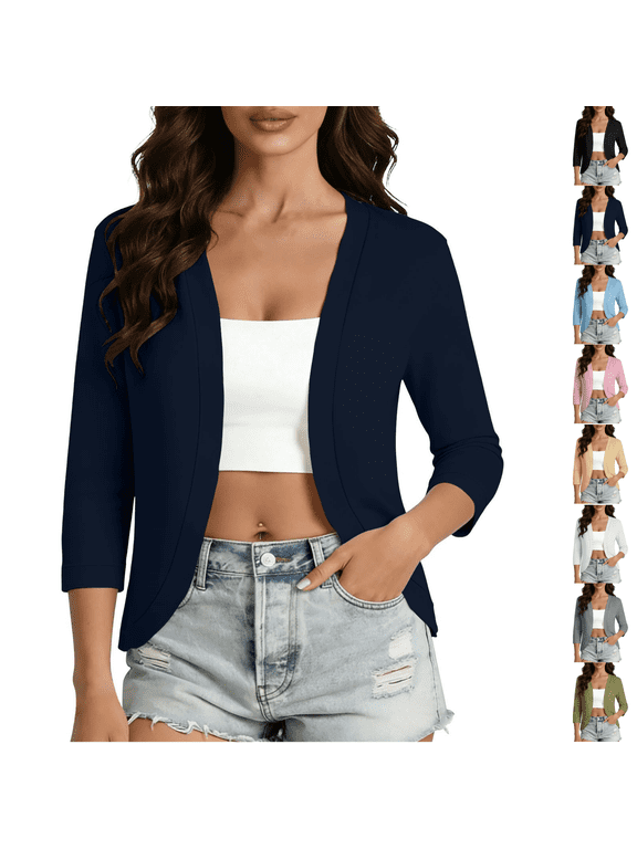 Women's Open Front Short Top, 3/4 Sleeve Solid Light Shrug Cardigan, Slim Curved Hem Layering Cover Up for Camisole