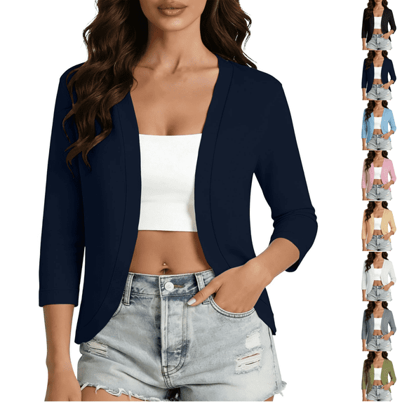PEIBang Women's Open Front Short Top, 3/4 Sleeve Solid Light Shrug Cardigan, Slim Curved Hem Layering Cover Up for Camisole