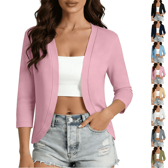 PEIBang Women's Open Front Short Top, 3/4 Sleeve Solid Light Shrug Cardigan, Slim Curved Hem Layering Cover Up for Camisole