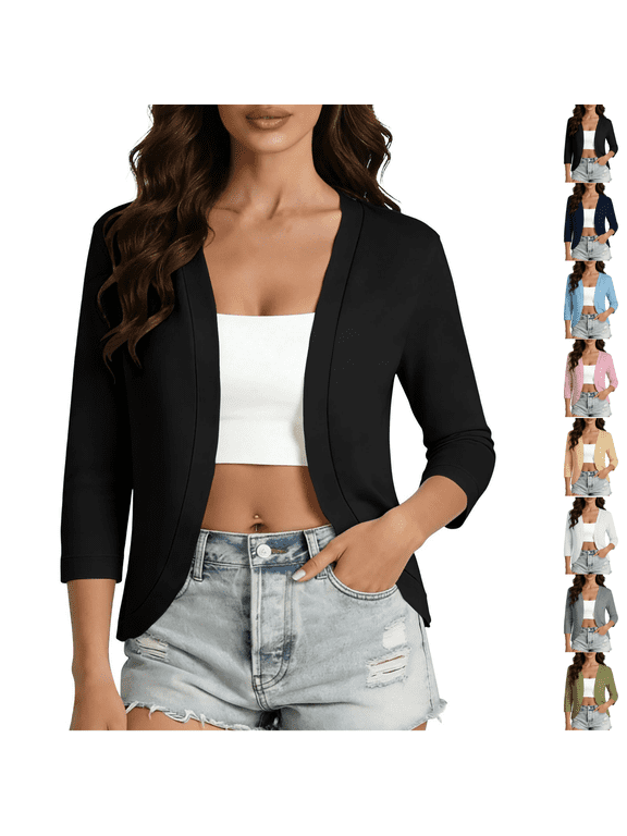 Women's Open Front Short Top, 3/4 Sleeve Solid Light Shrug Cardigan, Slim Curved Hem Layering Cover Up for Camisole