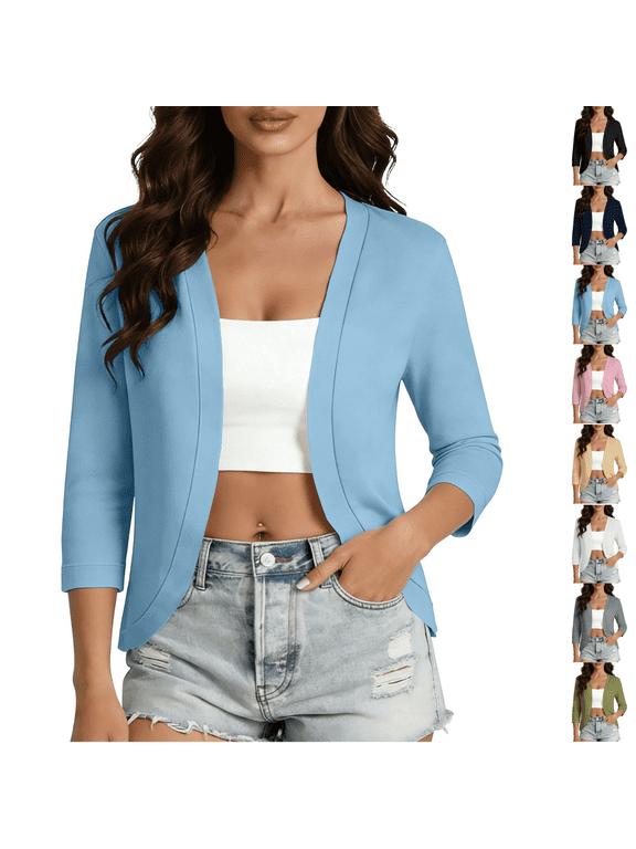 Women's Open Front Short Top, 3/4 Sleeve Solid Light Shrug Cardigan, Slim Curved Hem Layering Cover Up for Camisole