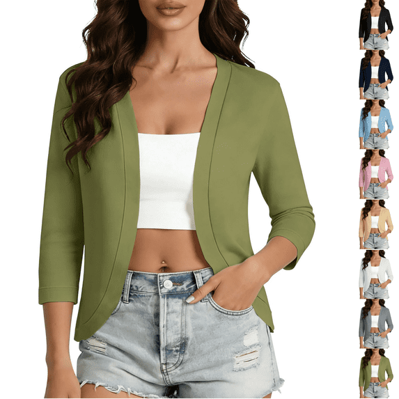 PEIBang Women's Open Front Short Top, 3/4 Sleeve Solid Light Shrug Cardigan, Slim Curved Hem Layering Cover Up for Camisole