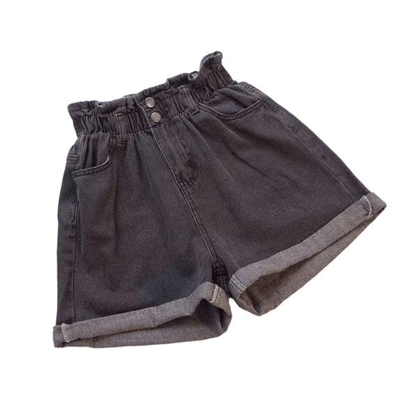 PEIBang Women's Paperbag High Waist Cuffed Denim Shorts,Washed Double Button Loose Jean Shorts with Side Pockets for Street Daily Wear