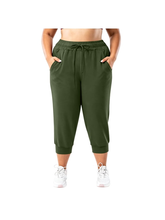 Women's Plus Size Drawstring Capri Jogger Pants,Elastic High Waist Cuffed Cropped Sweatpants with Side Pockets for Casual Wear