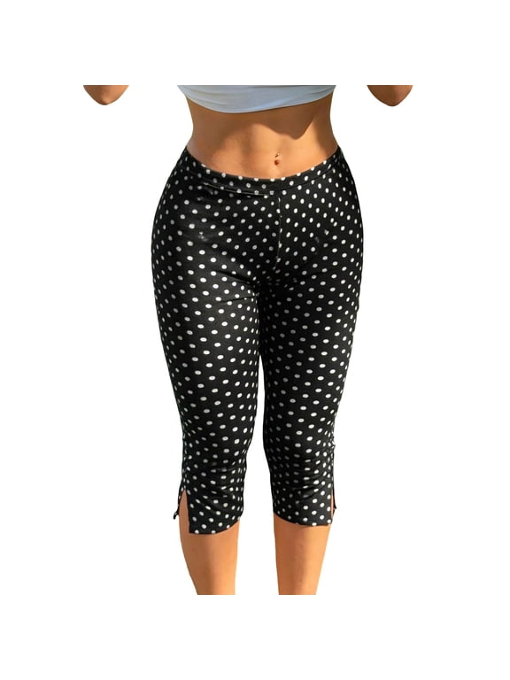 Women's Polka Dot Print Side Split Capri Yoga Leggings,High Waist Stretch Slim Calf Trousers with Side Slit Hem