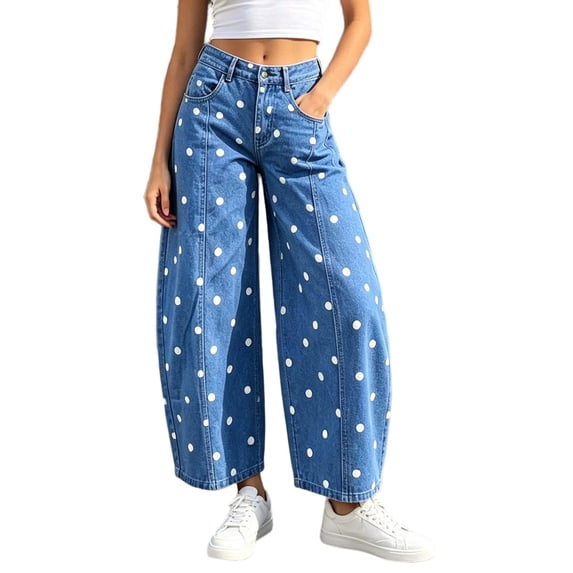 PEIBang Women's Polka Dot Wide Leg Denim Jeans,High Waist Single Button Fly Loose Full Length Cropped Denim Pants with Multi Pockets