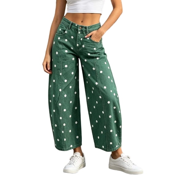 PEIBang Women's Polka Dot Wide Leg Denim Jeans,High Waist Single Button Fly Loose Full Length Cropped Denim Pants with Multi Pockets