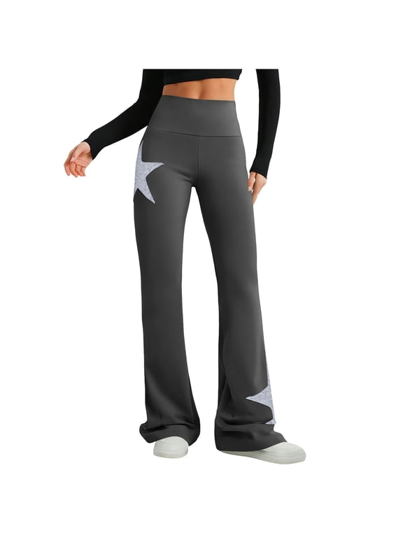 Women's Printed Soft Draped Bootcut Bottoms,Wide Elastic Waistband Contrast Star Patch Full Length Athletic Leggings