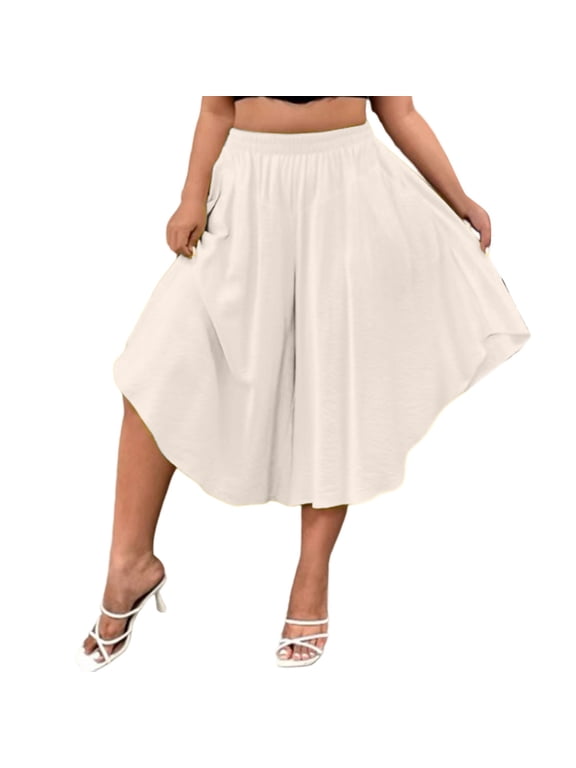Women's Relax Fit Cropped Skirt Pants Ruched Elastic Waist Irregular Edge Culottes with Storage Pockets
