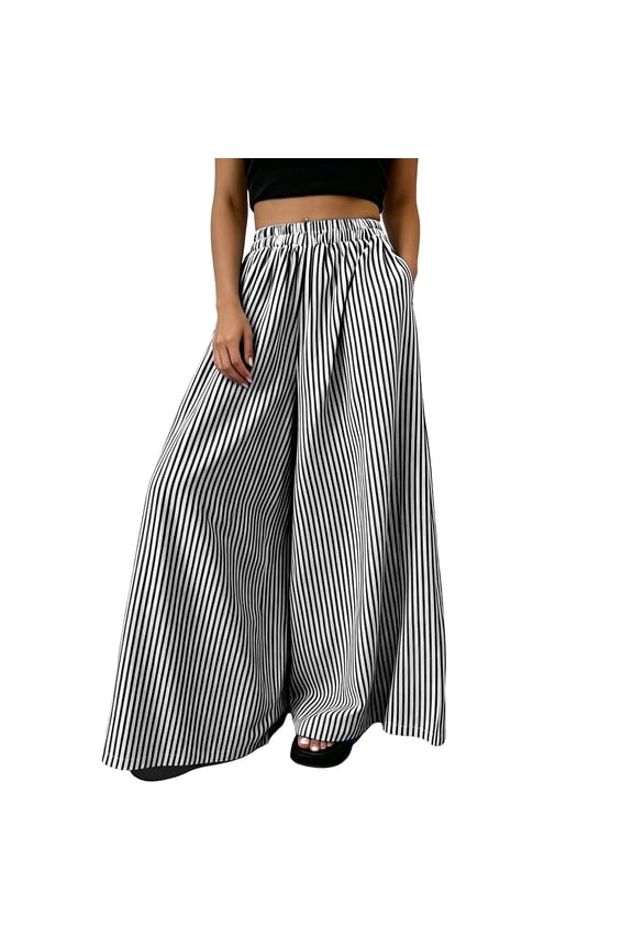 Women's Relaxed Fit Vertical Stripe Flowy Pants, High Rise Elastic Waist Full Length Wide Leg Trousers