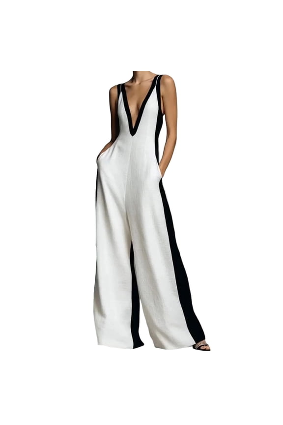 Women's Sleeveless Deep V Neck Color Block Jumpsuit，Contrast Side Stripe Wide Leg Romper with Side Pockets for Party Evening Wear