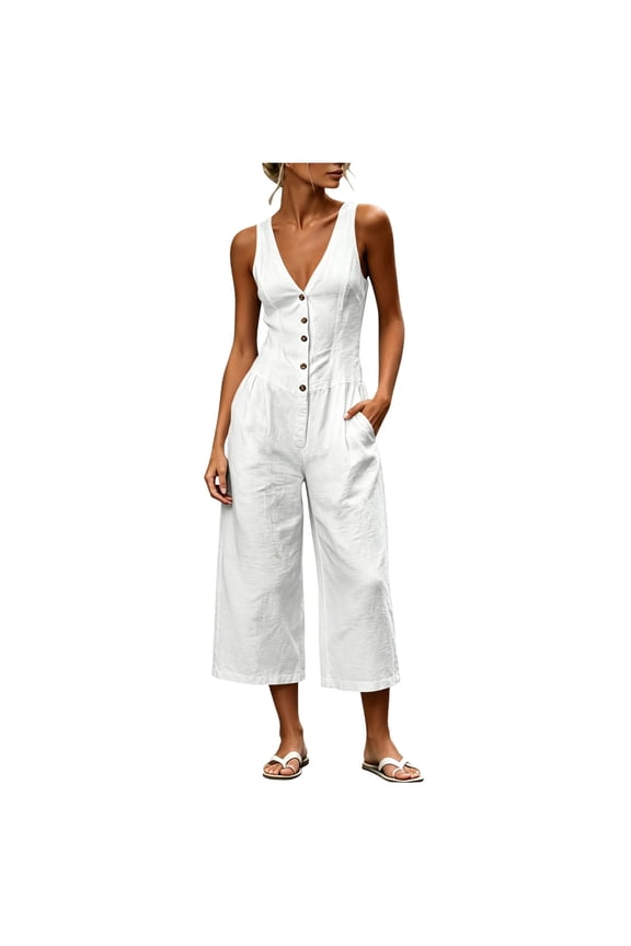 Women's Sleeveless V Neck Cropped Jumpsuits Button Front Linen Blend Wide Leg Rompers with Side Pockets for Summer Wear