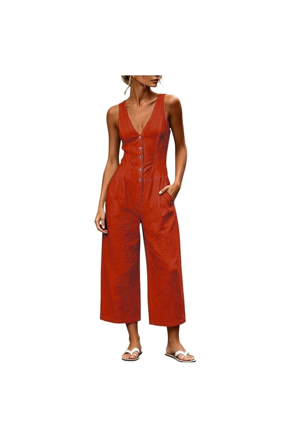 Women's Sleeveless V Neck Cropped Jumpsuits Button Front Linen Blend Wide Leg Rompers with Side Pockets for Summer Wear