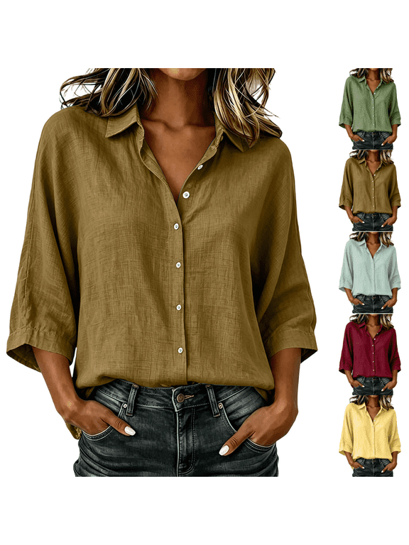 Women's Solid Button Down Shirt, Lapel Collar Loose 3/4 Sleeve Textured Top, V Neck Relax Fit Blouse for Daily Wear