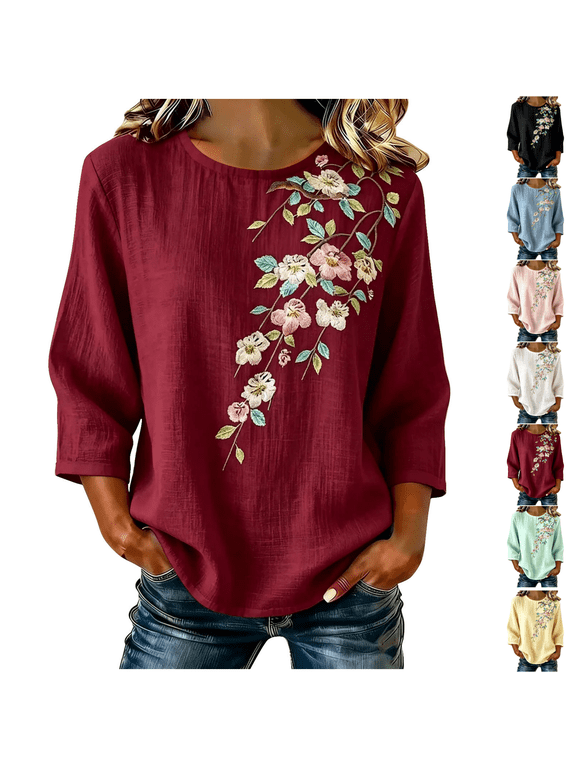 Women's Solid Crew Neck Blouse,Front Floral Embroidered 3/4 Sleeve Textured Woven Loose Curved Hem Top