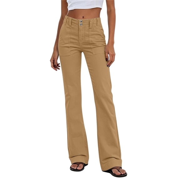 PEIBang Women's Solid Double Button High Waist Flare Cargo Jeans, Multi Front Patch Pocket Stretch Bootcut Denim Pants