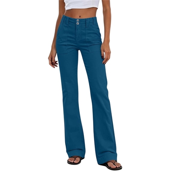 PEIBang Women's Solid Double Button High Waist Flare Cargo Jeans, Multi Front Patch Pocket Stretch Bootcut Denim Pants