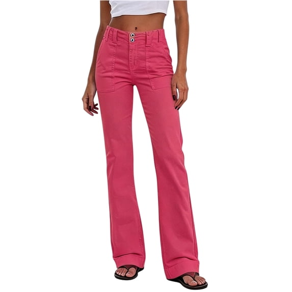 PEIBang Women's Solid Double Button High Waist Flare Cargo Jeans, Multi Front Patch Pocket Stretch Bootcut Denim Pants