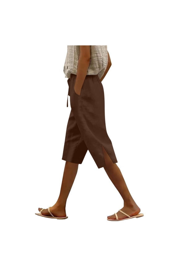 Women's Solid Drawstring Elastic High Waist Split Hem Linen Bermuda Shorts,Loose Knee Length Bottoms with Side Pockets