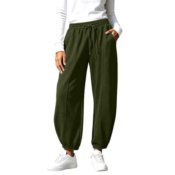 PEIBang Women's Solid Drawstring Jogger Full Length Pants,Elastic High Waist Cuffed Ankle Loose Long Trousers with Side Pockets