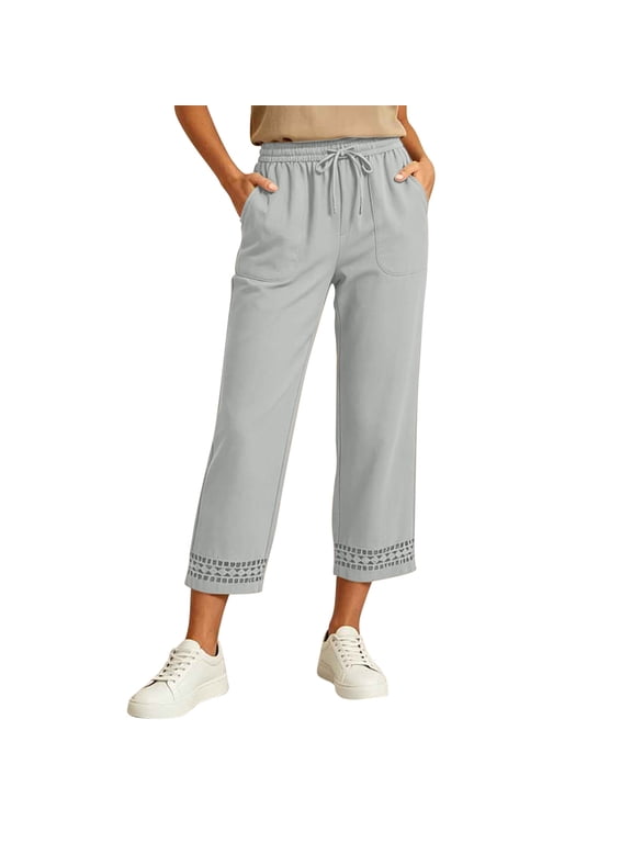 Women's Solid Eyelet Trim Capri Bottoms,All Elastic Drawstring Waist Straight Leg Cropped Pants for Coffee Shop Vacation Errands