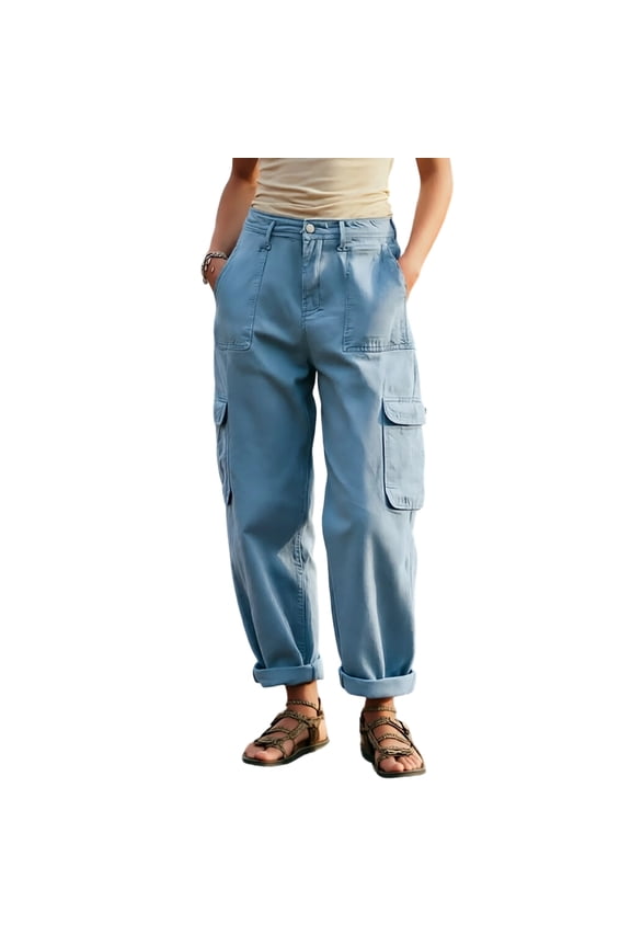 Women's Solid High Waist Denim Cargo Capri Pants,Multi Flap Side Pocket Rollable Ankle Loose Jeans Trousers for Daily Wear