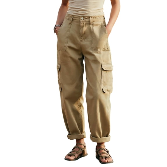 PEIBang Women's Solid High Waist Denim Cargo Capri Pants,Multi Flap Side Pocket Rollable Ankle Loose Jeans Trousers for Daily Wear