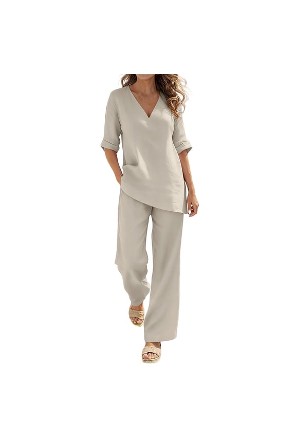 Women's Solid Mid Sleeve V Neck Relaxed Fit Linen Top & Straight Wide Leg Pants Co Ord Set for Home Daily Lounge Wear