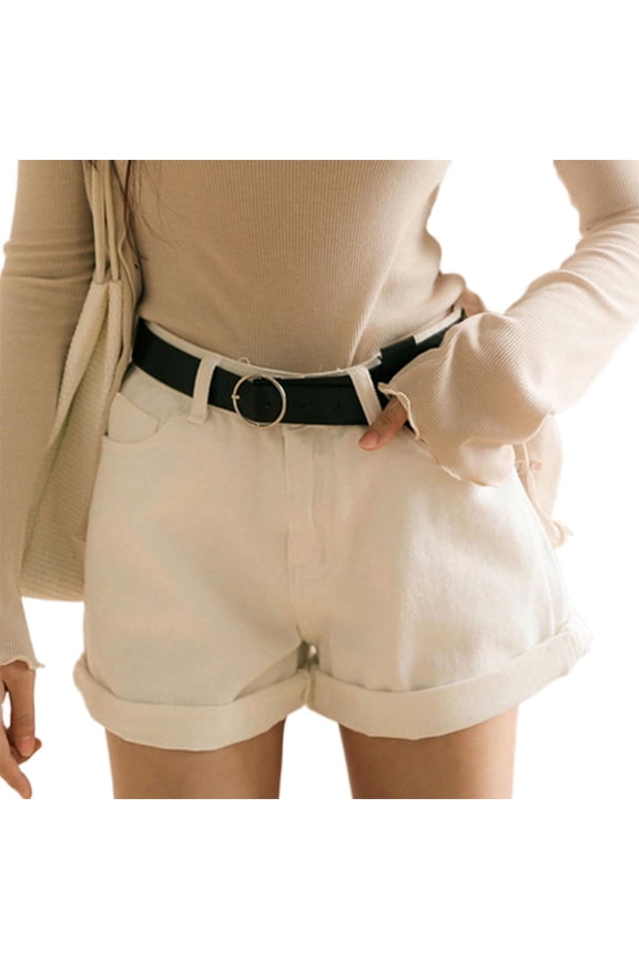 Women's Solid Rolled Hem Jean Shorts,High Rise Belt Compatible Denim Bottoms Designed with Convenient Front Side Pockets