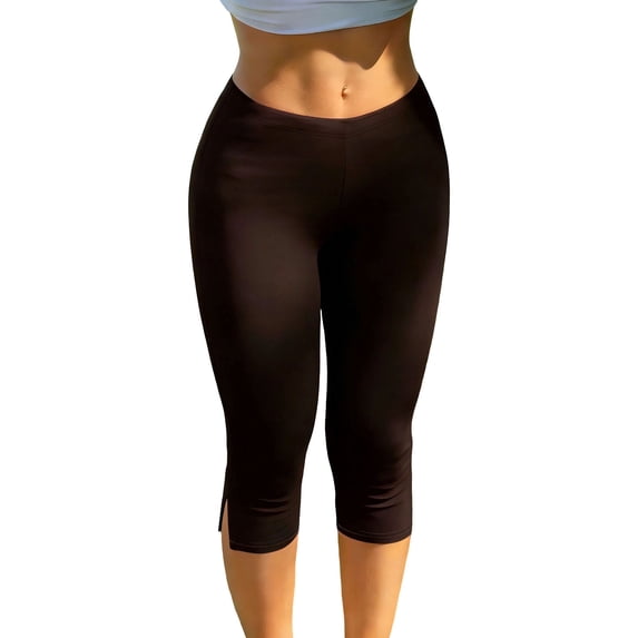 PEIBang Women's Solid Side Split Capri Yoga Leggings,High Waist Stretch Slim Calf Trousers with Side Slit Hem for Gym
