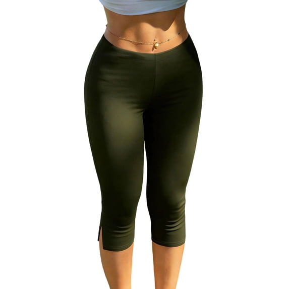 PEIBang Women's Solid Side Split Capri Yoga Leggings,High Waist Stretch Slim Calf Trousers with Side Slit Hem for Gym