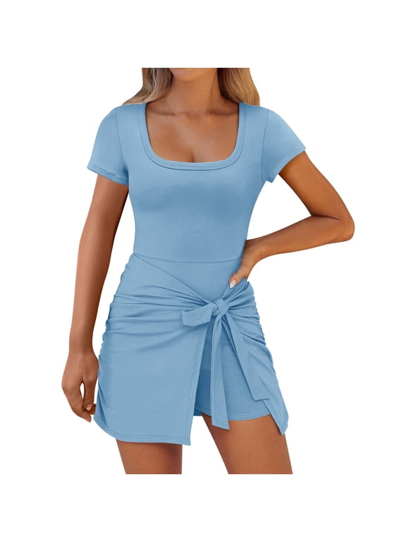 Women's Solid Square Neck Short Sleeve Wrap Tie Romper,High Waist Split Skort Short Jumpsuit for Daily Wear