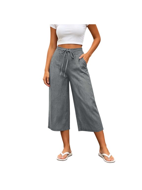 Women's Solid Textured Capri Bottoms,Adjustable Drawstring Waist Lightweight Wide Leg Cropped Pants for Beach Coffee Shop Errands