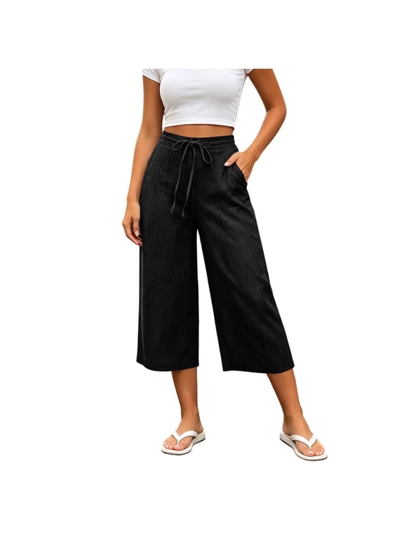 Women's Solid Textured Capri Bottoms,Adjustable Drawstring Waist Lightweight Wide Leg Cropped Pants for Beach Coffee Shop Errands